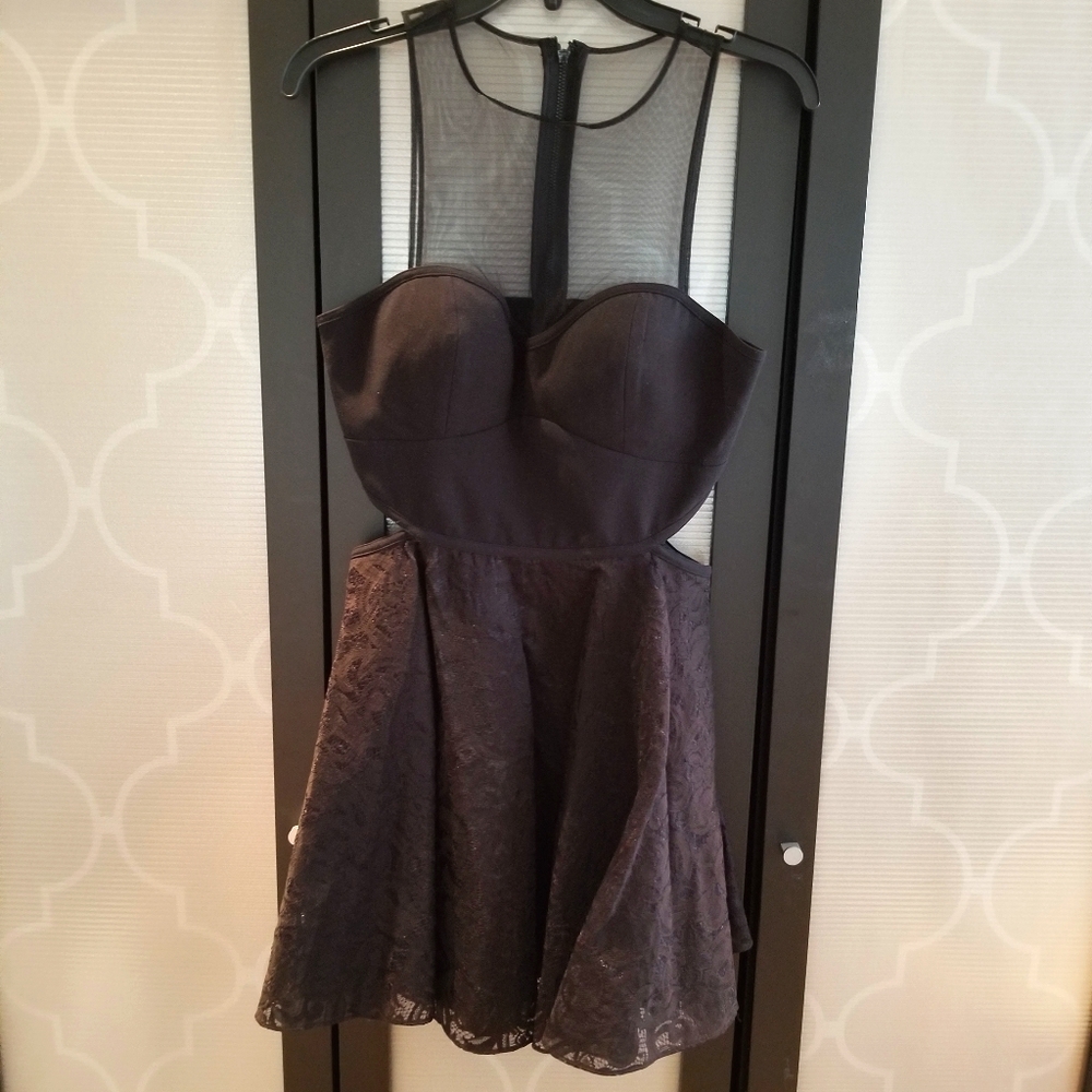 Bebe black flare dress mesh cocktail wedding